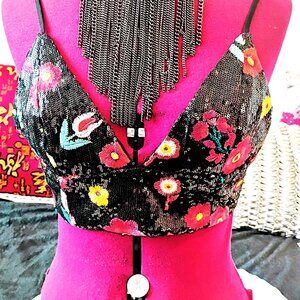 Forever 21 Black Floral Embroidered Sequin Bra Top, Size Medium